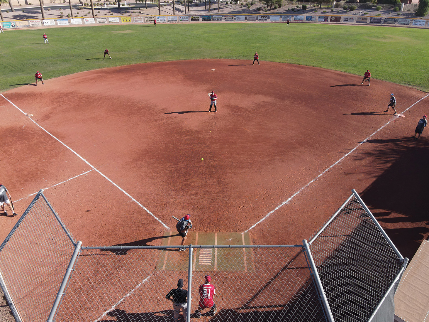 A "drone shot" from a recent Sun Division game: Brenden Financial vs. Leckner Realty (Courtesy of SkyView Digital Media, Alysa Chapman, Principal)
