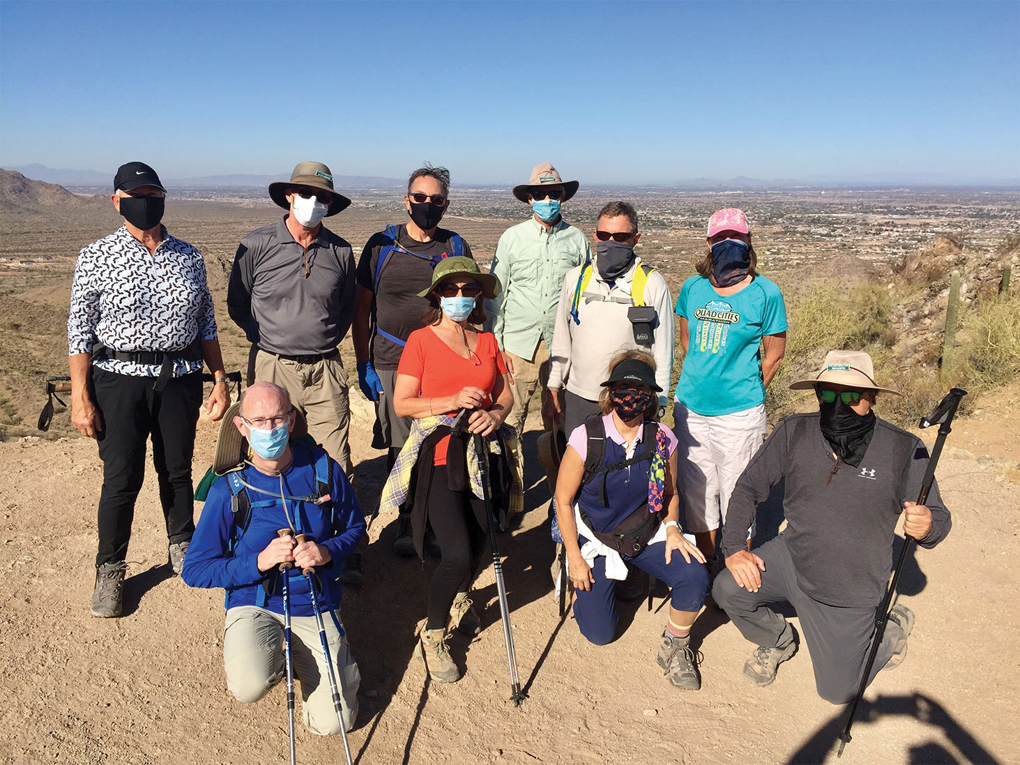 Club hikers atop Goldmine Ridge in San Tan Regional Park; pictured (left to right) front row: Stu Frost, Fabiola Scotto, Dawn Kain Bjustrom, and Tom Scotto; back row (left to right): Barb Smith, Scott Downey, David Coffman, Gaary Breitbach, Jack Rubino, and Kitch Trost