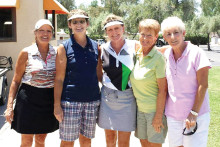 Golfers Debra Emerick, Nancy Field, Kelly Dennis, Betty Peer and Jean Jones celebrating summer birthdays.