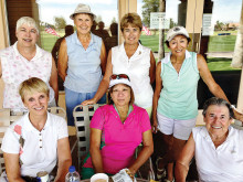 OLGA ladies enjoying beverages on the Pro Shop patio after play June 3; back row: Beth, Eleanor, Jeanne and Debbie; front row: Glo, Carol and Joyce.