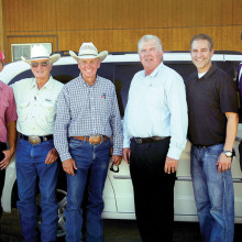 Pictured left to right are Brandon Wolfswinkel, Board member, Welcome Home Ranch; Tex Earnhardt; Johnny Haggard, Farm Manager, Welcome Home Ranch; Hal Earnhardt III; Carson Brown, Director, Welcome Home Ranch; and Derby Earnhardt.