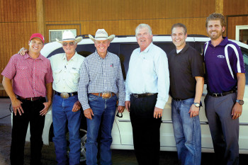 Pictured left to right are Brandon Wolfswinkel, Board member, Welcome Home Ranch; Tex Earnhardt; Johnny Haggard, Farm Manager, Welcome Home Ranch; Hal Earnhardt III; Carson Brown, Director, Welcome Home Ranch; and Derby Earnhardt.