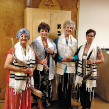 Four of the women blowing the shofar; pictured from left to right are Barbara Schwartz, Carolyn Cesario, Gloria Bitting and Gigi Stacy. Not pictured are Sydell Rochman-Pascale and Charlotte Currens.
