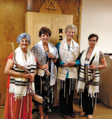 Four of the women blowing the shofar; pictured from left to right are Barbara Schwartz, Carolyn Cesario, Gloria Bitting and Gigi Stacy. Not pictured are Sydell Rochman-Pascale and Charlotte Currens.