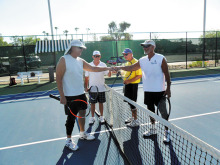 Ray Sluzewicz, Wayne Mangold, Jack Szatkowski and Jim Dittmann end a successful men’s match with a fist bump!