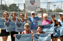 USTA Sectional winners: (standing) Judy Gahide, Judy Lamers, Vicki Eslick, John Radcliffe, Pat Davidson, Karen Kutchyera and Barb McEwen; (kneeling front left to right): Lois Newman and Lynn Cox; (missing) Susan Stewart and Lyn Belisle.