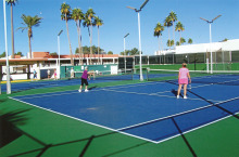 The ladies are pictured at play on their regularly scheduled Wednesday morning. All courts were filled and we were so happy to be playing with friends who have returned for the season!