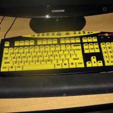 This keyboard, black with yellow keys with large black lettering is very easy to read; check out “Keys U See” online for more information. Keys are easier to see especially with those bi and tri focal. I certainly find it handy with my half glasses.