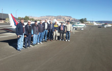 Sun Lakes Aero Club members enjoyed a fly-in breakfast to Sedona November 20: Pictured left to right are Steve Perkins, Ray Winenger, John Philp, Dick Simmons, Gary West, Bob DeLong, Tom Gorlinski, Gene Evans and Cannon Hill. (Photo by J. R. Scheidereiter).