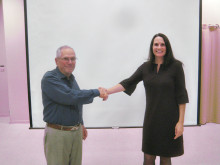 Judy Zimet, executive director of Dog is My Co-Pilot, was the featured speaker at the Sun Lakes Aero Club (SLAC) gathering December 15. Here she is shown with SLAC president Bob Walch.