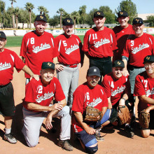 The State Farm Insurance Championship Team – standing (left to right) Steve Kay, Jack Strauss, Larry Wolfe, Hal Kime, Rich Nadler and Ed Sowney; kneeling (left to right) Gary Alexander, Dave Martin, Stan Weis and Mgr. Larry Kaufmann; missing: Al Grefsheim and Tim Loeffler (Photo by Core Photography, LLC).