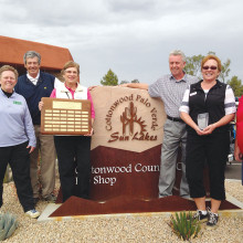 Cottonwood Lady Niners’ State Medallion winners received crystal vases and a traveling trophy January 19. Pictured from left are Kelly Hollister, AWGA Governing Board; Bill Todd, Director of Maintenance; Lynn Tanner, Co-Medallion winner; Desmond Dakin, Head Golf Professional; Jan Lien, Co-Medallion winner; and Julie Penn, AWGA Governing Board.