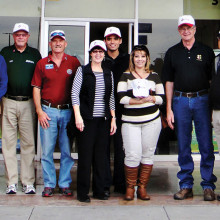 Seen here are members of the San Tan Crown (Sun Lakes) and Green Valley Rotary Clubs along with officials from the FinReg Bank standing in front of FinReg’s Hermosillo Office.