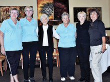 Julie Schneider, Bonnie Tasch, Fran Neumayr, Betty Perry, Susie Cook and Cora Lathom-Levensky receiving birdie pins.