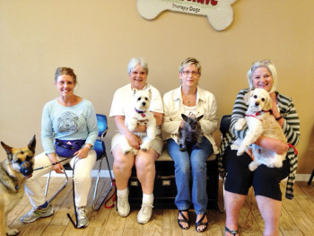 Pictured - row one are Barbara Lubsen with Boo, Marie Johnson with Rosie, Sue Fernandez with Molly and Lenys Walden with Bailey; not pictured is Bud Tasch with Oggie