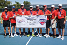 Pictured with their finalist banner are (left to right), Zev Yardeni, Gary Porter, Jim Utter,  Ken Stanley (captain), Hal Davis, Jerry Rex, Randy McManus and Phil Messer