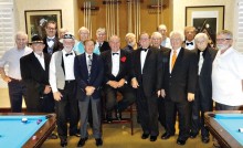 The start of the tournament had 17 members (players and former Cup Champion) present in their finest, including many with tuxedos which was the suggested event wear. The prior Cup Champion, Rod “The Babe” Thompson (above in the white hat and bow tie) retired from competition and the new Champion, Bill Lange, had his name on the Godfather’s Cup plaque and was awarded the first place prize money along with an engraved 8-Ball statuette. The runner-up was Sam Gilman, with Larry “Cuestick” Stadler in third place, and Keith “The Rabbi” McDonald taking fourth place in the race to three wins for the matches played in 8-Ball.