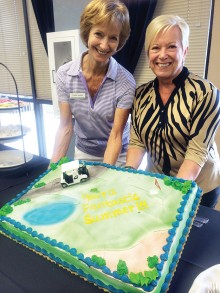 Linda Sparks, left, and Pat Kivi display a colorful cake bidding farewell April 16 to Cottonwood’s Lady Niners’ snowbirds at the luncheon marking the end of the 2015 season. Sparks and Kivi co-chaired the event.