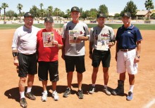 2015 award winners (left to right) outgoing SLSSA President Ed Sowney, Stan Weiss (Most Improved Player), Gene Grandquist (Rookie-of-the-Year), John Seigla (Sportsmanship Award) and new President Sam Giordanao.
