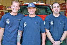 The crew for the Montana deployment from the Sun Lakes Fire Department, left to right: Dave DeGraaf, Martin Lain and Ariel Barr. For Barr, as wild land fire engine boss, it is his second deployment this summer having worked fires in northern California as well. Photo by Brian Curry