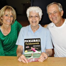 Dianne Zimmerman, Author Mary Littlewood and David Zapatka with Mary’s new book, Pickleball Fundamentals.