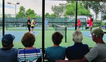 Mary Littlewood and the experts play a demo game at the Sun Lakes Pickleball Club Cottonwood Expo. From left to right on the court are Gigi LeMaster, Ron Robinson, Mary Littlewood, Dianne Zimmerman, Harry Bichierri and Dave Zapatka.