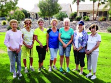 Lady Putters welcome new members on the Monday Flight; pictured left to right are Elaine Dover, Lil Abild, Jackie Morgan, Dolly Bruns, Karen Rosenquist, Linda Boyd and Marilyn Kalenuis