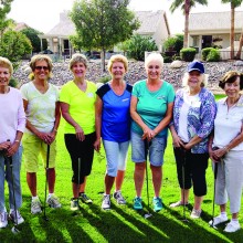 Lady Putters welcome new members on the Monday Flight; pictured left to right are Elaine Dover, Lil Abild, Jackie Morgan, Dolly Bruns, Karen Rosenquist, Linda Boyd and Marilyn Kalenuis