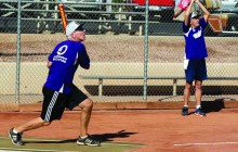 Gene Grandquist of the Mutual of Omaha team swings away at a recent contest. On deck hitter Bob Zawidski looks on. (Courtesy of Core Photography, LLC.)