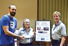 Apple Users Group of Sun Lakes (AUGSL) donates to the Sun Lakes Fire Department CAP Program. Present are Bryan Beata, President of AUGSL, Betty Earp and Nancy Roberts of the Community Assistance Program of Sun Lakes Fire Department.