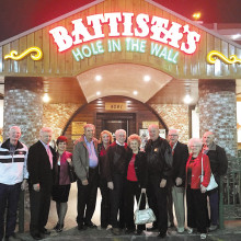 The Mosconi Cup attendees in front of Battista’s are Red “The Preacher” Boyles, Jerry “The Hammer” Bojarun and spouse, Jerry “Slick” Vickery and spouse, Rod “The Babe” Thompson and spouse, David “The Godfather” Mork, “Fast Eddie” Allen and his friend and Sonny “The Shine” Williams.