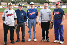 Forever Young: Our 80 plus members include pitcher Billy Kreisman, second sacker Bobby Reeves, pitcher Owen Bae, recreational program director Red Waterfield and field superintendent Larry Delaney. (Photo by Core Photography, LLC).