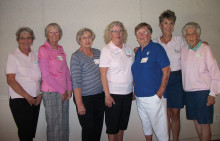Winners of the SunBird/Sun Lakes Niner Scramble with a tied score of 32 are (left to right) Marlys Buss, Betty Desrochers, Lorraine Brammer, Paula Neuser, Donna Quinn, Mary Cravens and Betty Wainwright