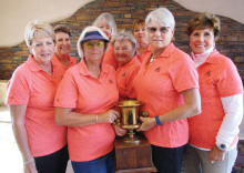 PVLGA wins 2016 Traveling Team Trophy. Back row: Nancy Howell, Carol Ruff, Carole Guild and Paddy Newton. Front row: Rose Hames, Cindy Bosch, Colleen Mitchell and Jo Crook. Missing is Bonnie Moore.