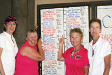 Marilyn Mitchell and Cathy Sullivan still smiling after finishing the putting their ball into the clown face to kick off the Member Guest Tournament