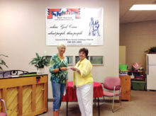 Kay Thayer presents check to Judy Waltersdorf. Kay Thayer says “Thanks for all you do in helping to meet those special needs for those special people in our community.”