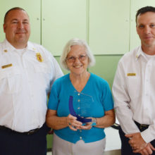 Sun Lakes Fire Department Chief Troy Maloney and Deputy Chief Robert Helie presented an award of gratitude to the Sun Lakes Women’s Association President Colette McNally at the May meeting.