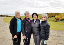 Pictured are (l-r) B. J. Schuler, Judi Sloan, and Elaine Osborn in Scotland with one of the LPGA’s all-time greatest stars, Nancy Lopez. The weather was cool (jackets) but the smiles look warm, don’t they?