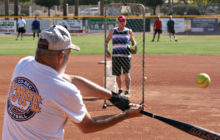 Dennis Kennedy appears wide awake as he takes a swing at a pitch from Billy Maxwell during our 7:30 a.m. BP! (Courtesy of Core Photography)