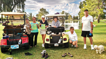 The Fun Walk Committee plus two visitors, from left to right:  Irene D’Aloisio, Tina Ellis, MJ Clement, Linda Caton, Sharon Felts, Jack Fitzsimmons and Mr. Peabody, adopted from Rover’s Rest Stop.