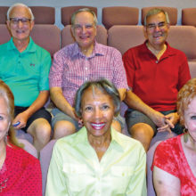 First row (left to right) Linda Dickerson, Pat Amica and Elaine Sheppard; back row Deane Grav, Dan Morson and Murray Rose.