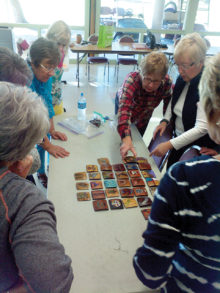 Members gathered to help with the very collaborative process of building a gourd quilt. Each member made a square, and with lots of studying, placing and replacing, we constructed a wall hanging. This was donated as a fund raiser for the annual Arizona Gourd Society.