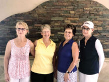 (Above) Summer League’s first winning team which played June 13 at Palo Verde golf course is composed of the following (left to right): Tricia Colombe from Palo Verde, Nancy Dinkleman and Bonnie Moore from Ironwood and Debra Foster, also from Palo Verde.
