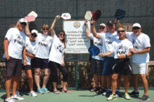 Just a few of us who like to have FUN while playing pickleball; left to right: Todd Williams, Ellen Forbes, Kelly Blickenstaff, Patricia Koepp, Tom Blickenstaff, Rick Paradee, Mike Kovalchik, Doug Williams