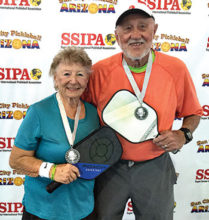 Bev Krueger, IronOaks, and Jack Lofgren, Phoenix, won the Silver medal in the 3.5, 80+ Mixed Doubles SSIPA Pickleball tournament in Surprise.