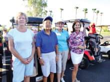 OLNGA ladies getting ready to hit the links (left to right): Helen Semple, Joyce Parker, Shirley Malick, and Denise Lott