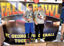 Jamie Noblit, Cottonwood, and Ron Ferrari won the Gold Medal in Mixed Doubles in the Fall Brawl, St. George, Utah.