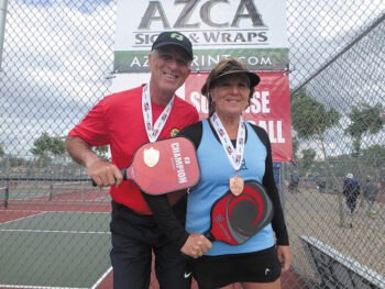 David Zapatka (IronOaks) and Diane Baumgartner won the bronze medal in the 5.0 65+ Mixed Doubles at the Monster Smash in Surprise, AZ.
