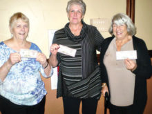 These ladies were the $50 winners in the raffle drawings held at the December Holiday lunch. Standing (left to right) are Peg Clapp, Terry Dobbs, and Lucy Geller.