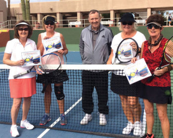 Blue Division: Tina Carr and Kim Vargus, Champs, with Tournament Director Jerry Higgins and second place team, Dorothy Thurman and Pat Mc Roberts